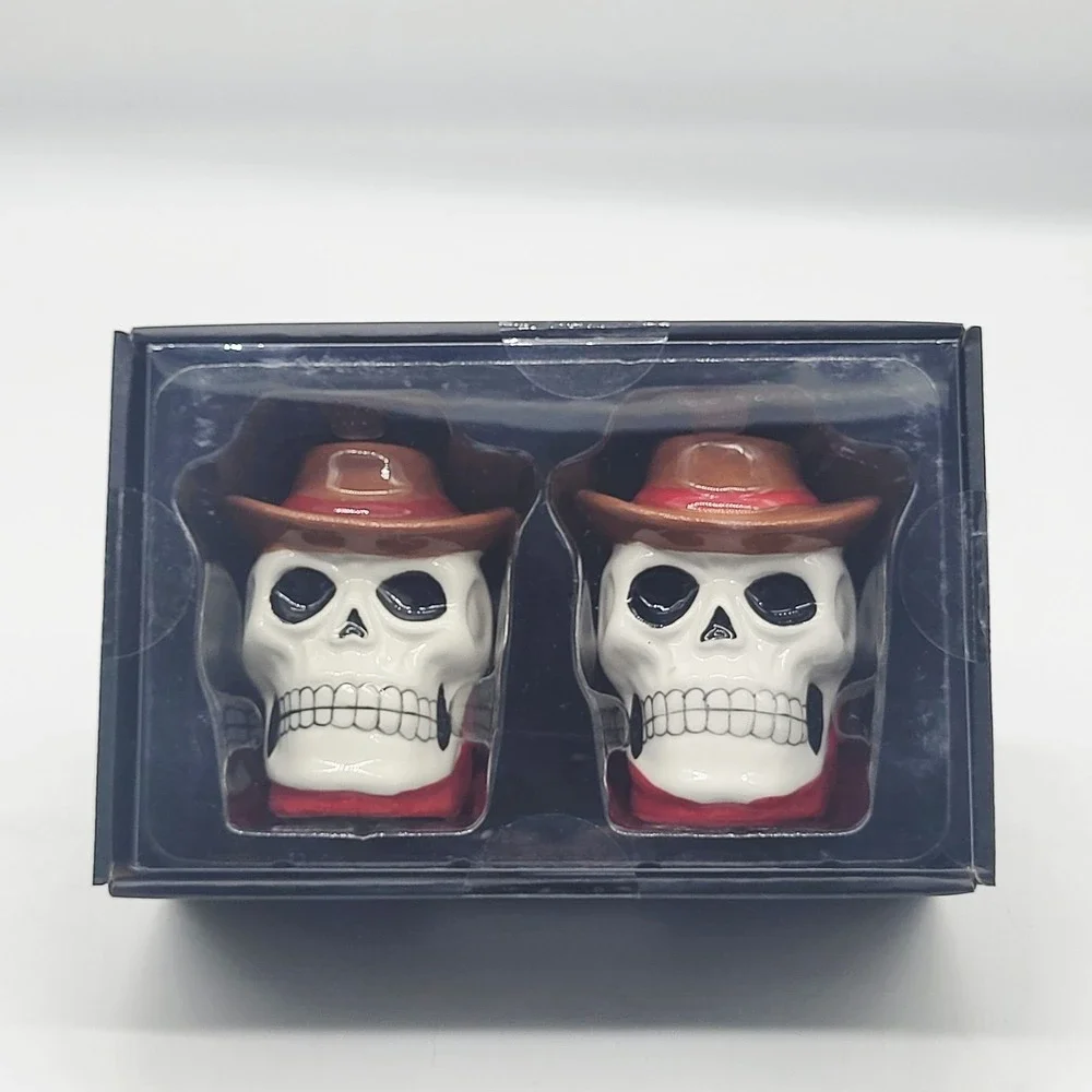 Halloween Cowboy Skeleton Skull Salt Pepper Shakers Western Ceramic NEW